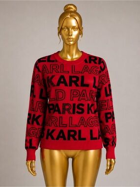 Karl Lagerfeld Paris Red Allover Logo Knit Sweater Rhinestone Detail Size Large